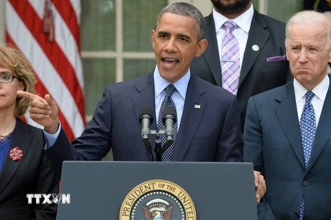 Tổng thống Mỹ Barack Obama phát biểu về dự luật kiểm soát súng đạn ở Washington, DC. ngày 17/4. (Ảnh: AFP/ TTXVN)