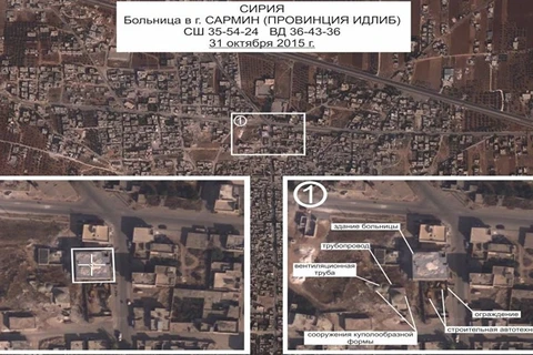 Ảnh chụp vệ tinh cho thấy bệnh viện Sarmin không bị hư hại sau cuộc không kích. (Nguồn: Bộ Quốc phòng Nga)