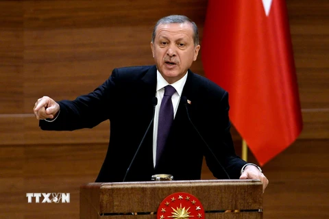 Tổng thống Thổ Nhĩ Kỳ Recep Tayyip Erdogan phát biểu tại một cuộc họp ở thủ đô Ankara ngày 4/11. (Ảnh: AFP/TTXVN)