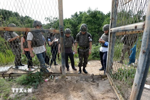 Binh sỹ và nhà báo Hàn Quốc điều tra tại hiện trường vụ nổ mìn ở khu phi quân sự. (Ảnh: AFP/TTXVN)