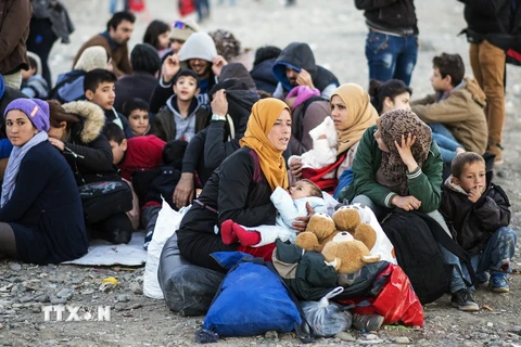 Người tị nạn và di cư tại khu vực biên giới Hy Lạp-Macedonia ngày 10/11. (Ảnh: AFP/TTXVN)