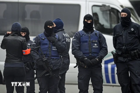 Cảnh sát Bỉ tiến hành chiến dịch truy quét khủng bố tại Rue Delaunoy thuộc Brussels ngày 16/11. (Ảnh: AFP/TTXVN)