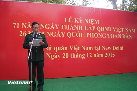 Đại tá Phạm Thanh Lượng, Tùy viên Quốc phòng Việt Nam tại Ấn Độ phát biểu tại buổi lễ. (Ảnh: Huy Bình-Đăng Chính/Vietnam+)