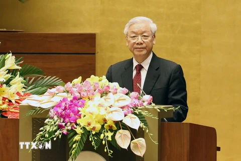 Tổng Bí thư Nguyễn Phú Trọng phát biểu tại Lễ kỷ niệm. (Ảnh: Nhan Sáng/TTXVN)