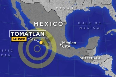 Tâm chấn của trận động đất nằm ở độ sâu 10 km, cách Cihuatlan, bang Jalisco 266 km. (Nguồn: KABC)
