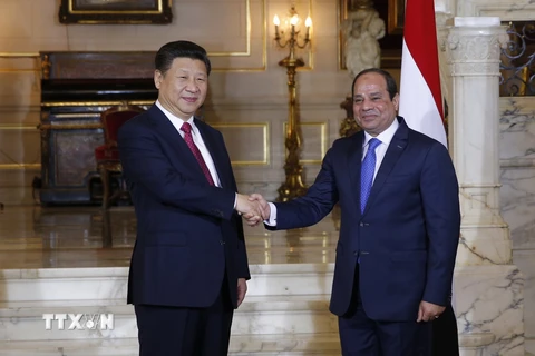Tổng thống Ai Cập Abdel-Fattah El-Sisi hội đàm với Chủ tịch Trung Quốc Tập Cận Bình đang trong chuyến thăm Cairo. (Ảnh: THX/TTXVN)