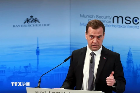 Thủ tướng Nga Dmitry Medvedev phát biểu tại Hội nghị an ninh Munich, Đức ngày 13/2. (Ảnh: AFP/TTXVN)