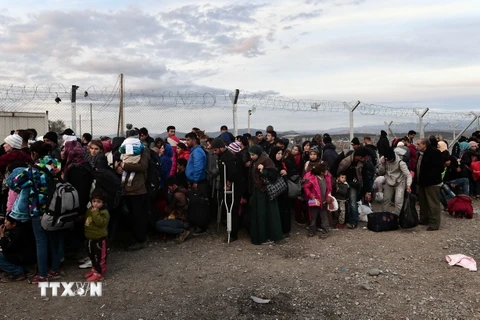 Người tị nạn Syria và Iraq bị mắc kẹt tại khu vực biên giới Hy Lạp- Macedonia ngày 27/2. (Ảnh: AFP/TTXVN)
