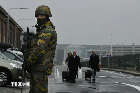 Lực lượng an ninh Bỉ gác trên tuyến đường bên ngoài sân bay Zaventem. (Nguồn: AFP/TTXVN)