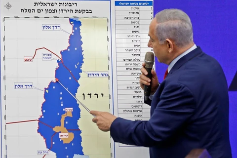 Thủ tướng Israel Benjamin Netanyahu trình bày về kế hoạch sáp nhập một phần khu Bờ Tây ngày 10/9/2019. (Nguồn: AFP)
