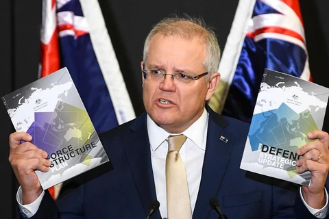 Thủ tướng Australi Scott Morrison phát biểu trong buổi công bố Cập nhật Chiên lược Quốc phòng Australia 2020. (Nguồn: FT)