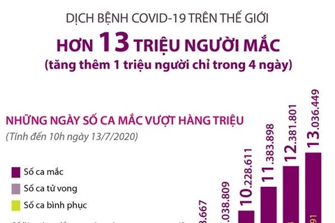 [Infographics] Số ca mắc COVID-19 toàn cầu vượt mốc 13 triệu người