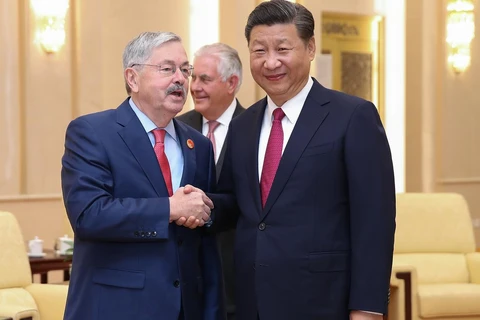 Chủ tịch Trung Quốc Tập Cận Bình bắt tay Đại sứ Mỹ tại Trung Quốc Terry Branstad. (Nguồn: Getty Images)