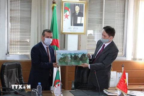 Đại sứ Nguyễn Thành Vinh tặng quà lưu niệm cho ông Ahmed Bensebane, Tổng Giám đốc Đài Truyền hình Quốc gia Algeria (EPTV). (Ảnh: Tấn Đạt/TTXVN)