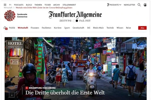 Bài viết trên báo Toàn cảnh Frankfurt (FAZ) của Đức ca ngợi hình mẫu chống dịch của Việt Nam. (Ảnh: Mạnh Hùng/ PV TTXVN tại Đức) 