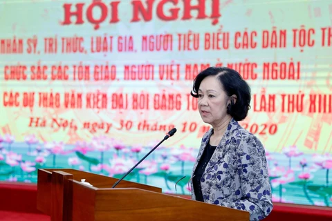 Bà Trương Thị Mai, Trưởng Ban Dân vận Trung ương, Trưởng Ban Chỉ đạo 597 phát biểu. (Ảnh: Dương Giang/TTXVN)