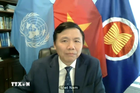 Đại sứ Đặng Đình Quý - Trưởng Phái đoàn đại diện thường trực Việt Nam tại Liên hợp quốc phát biểu tại phiên thảo luận. (Ảnh: Hữu Thanh/TTXVN) 