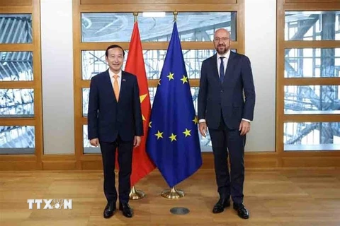 Chủ tịch Hội đồng châu Âu Charles Michel (phải) tiếp Đại sứ Nguyễn Văn Thảo. (Ảnh: European Union/TTXVN)