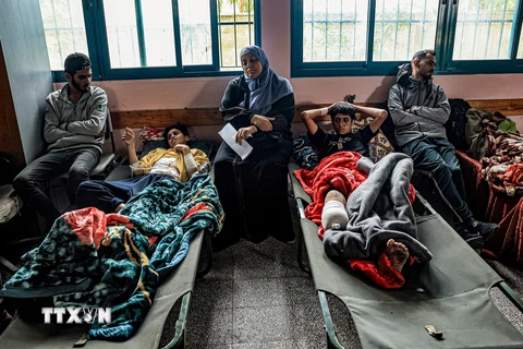 Các bệnh nhân được sơ tán từ bệnh viện ở phía bắc Dải Gaza tới điều trị tại trường học ở Khan Yunis thuộc miền Nam, ngày 22/11/2023. (Ảnh: AFP/TTXVN)