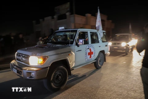 Xe của Hội Chữ thập Đỏ Quốc tế chuyển các con tin được trả tự do tới cửa khẩu Rafah, phía nam Dải Gaza, ngày 24/11/2023. (Ảnh: THX/TTXVN)