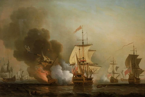 Bức tranh miêu tả trận chiến giữa đoàn tàu chở kho báu của Tây Ban Nha với tàu chiến của Anh. (Ảnh: Samuel Scott)