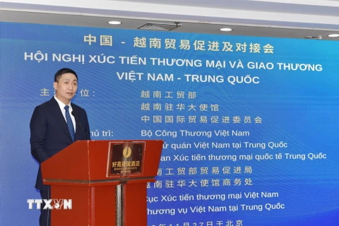 Ông Hoàng Minh Chiến, Phó Cục trưởng Cục Xúc tiến Thương mại, Bộ Công thương Việt Nam phát biểu tại hội nghị. (Ảnh: Tiến Trung/TTXVN)