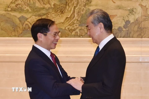 Bộ trưởng Ngoại giao Bùi Thanh Sơn trò chuyện với Ngoại trưởng Trung Quốc Vương Nghị trước Hội nghị. (Ảnh: Tiến Trung/TTXVN)