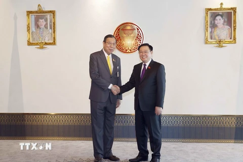 Chủ tịch Quốc hội Vương Đình Huệ và Chủ tịch Thượng viện Thái Lan Pornpetch Wichitcholchai chụp ảnh chung. (Ảnh: Doãn Tấn/TTXVN)