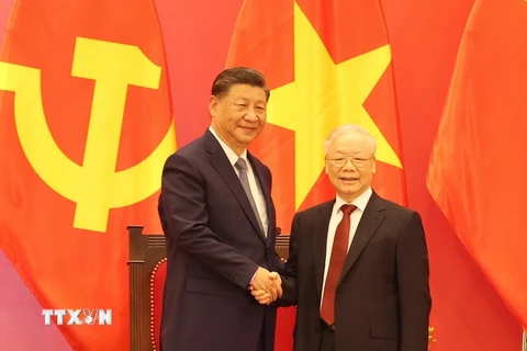 Tổng Bí thư Nguyễn Phú Trọng và Tổng Bí thư, Chủ tịch nước Trung Quốc Tập Cận Bình tại buổi gặp gỡ. (Ảnh: Trí Dũng/TTXVN)