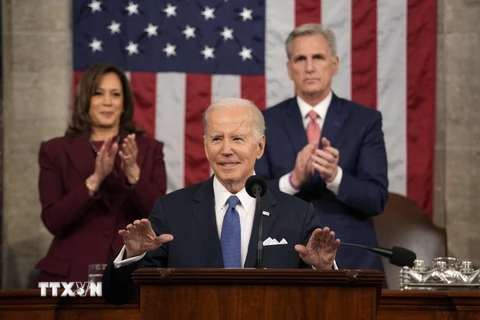 Tổng thống Mỹ Joe Biden đọc Thông điệp liên bang trước lưỡng viện Quốc hội tại Washington, DC, ngày 7/2/2023. (Ảnh: AFP/TTXVN)