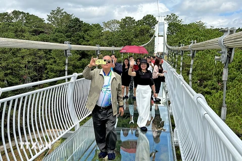 Du khách hào hứng tham quan, trải nghiệm Cầu kính Ngàn Thông tại Khu du lịch TTC Thung lũng Tình yêu, thành phố Đà Lạt. (Ảnh: Nguyễn Dũng/TTXVN) 
