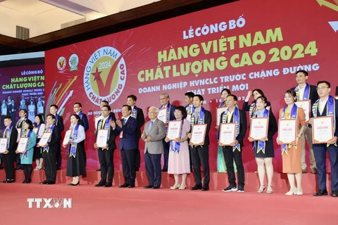 Đại diện các doanh nghiệp nhận Chứng nhận hàng Việt Nam chất lượng cao do người tiêu dùng bình chọn năm 2024. (Ảnh: Mỹ Phương/TTXVN)