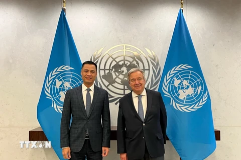 Đại sứ Đặng Hoàng Giang (bên trái) và Tổng thư ký Liên hợp quốc António Guterres. (Ảnh: TTXVN phát)