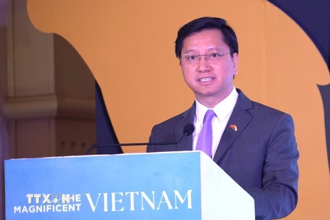 Đại sứ Việt Nam tại Ấn Độ Nguyễn Thanh Hải phát biểu khai mạc sự kiện chung tay phát động điểm đến Việt Nam tại Thủ đô New Delhi. (Ảnh: Ngọc Thúy/TTXVN)