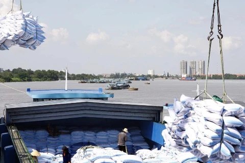 Công ty lương thực thành phố Hồ Chí Minh bốc xếp gạo xuất khẩu tại cảng Sài Gòn. (Ảnh: Đình Huệ/TTXVN)