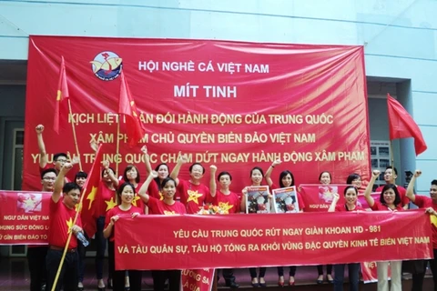 Nghề cá míttinh phản đối hành động xâm phạm của Trung Quốc. (Ảnh: Thanh Tâm/Vietnam+)
