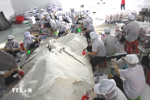Đóng gói muối ăn tại xưởng sản xuất. (Ảnh: Vũ Sinh/TTXVN)