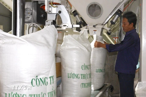 Đóng bao gạo xuất khẩu tại Tổng công ty lương thực miền Nam. (Ảnh: Đình Huệ/TTXVN)