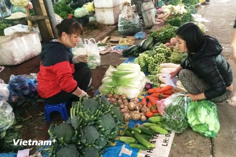 Người tiêu dùng lựa chọn rau xanh tại chợ. (Ảnh: Vũ Hương/Vietnam+)