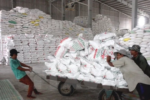 Vận chuyển gạo xuất khẩu tại công ty lương thực Long An. (Ảnh: Đình Huệ/TTXVN)
