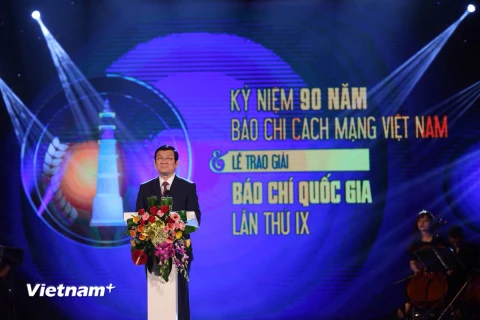 Chủ tịch nước Trương Tấn Sang phát biểu tại lễ trao giải. (Ảnh: Minh Sơn/Vietnam+)