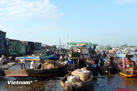 Cảnh buôn bán trên chợ nổi Cái Răng. (Ảnh: Mai Mai/Vietnam+)