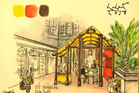 Chợ Tết Metropole qua nét vẽ của họa sỹ Hà Hải. (Nguồn: Metropole Hà Nội)