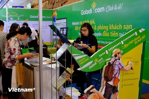 Gian hàng của một trang du lịch trực tuyến tại Hội chợ Du lịch quốc tế lần thứ 6 - VITM Hà Nội 2018 vừa diễn ra cuối tuần qua. (Ảnh: Mai Mai/Vietnam+)