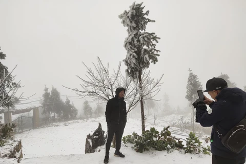 Du khách thích thú chụp ảnh với tuyết ở Y Tý. (Ảnh: Phu Suy Thó)