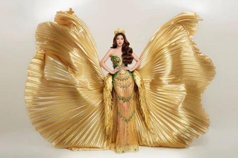 Thiết kế Hoa hậu Thiên Ân sẽ diện trong đêm Chung kết Miss Grand Vietnam 2023 để trao vương miện cho người kiế nhiệm, diễn ra tối nay, 27/8. (Ảnh: CTV/Vietnam+)