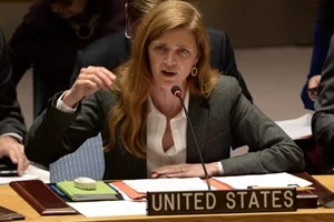 Đại diện thường trực của Mỹ tại Liên hợp quốc phát biểu tại phiên họp của Hội đồng Bảo an về tình hình Ukraine tại New York ngày 3/3. (Nguồn: AFP/TTXVN)