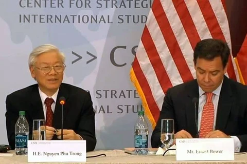 Tổng Bí thư Nguyễn Phú Trọng trả lời khách mời tại Trung tâm Nghiên cứu chiến lược và quốc tế. (Nguồn: CSIS)