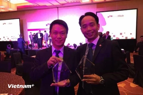 Ông Đỗ Ngọc Quỳnh (phải) nhận giải thưởng "Ngân hàng Việt Nam xuất sắc của năm" do Tạp chí Asia Risk trao cho BIDV. (Ảnh: Mỹ Bình-Lê Hải/Vietnam+)