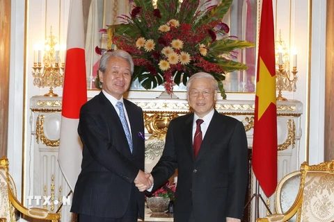 Tổng Bí thư Nguyễn Phú Trọng tiếp Chủ tịch Cơ quan Hợp tác Quốc tế Nhật Bản (JICA) Tanaka Akihiko. (Ảnh: Trí Dũng/TTXVN)